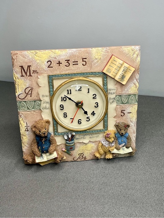 Other - Decorative Porcelain Clock frame, w/ teddy bears, books, Maths, Pink green cream